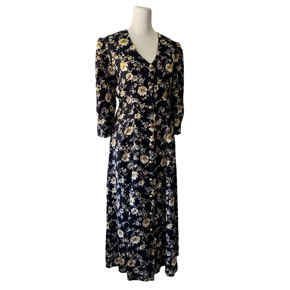 Vintage ‘90s Caroline Wells Collection Black Floral Print 3/4 Sleeve Midi Dress
